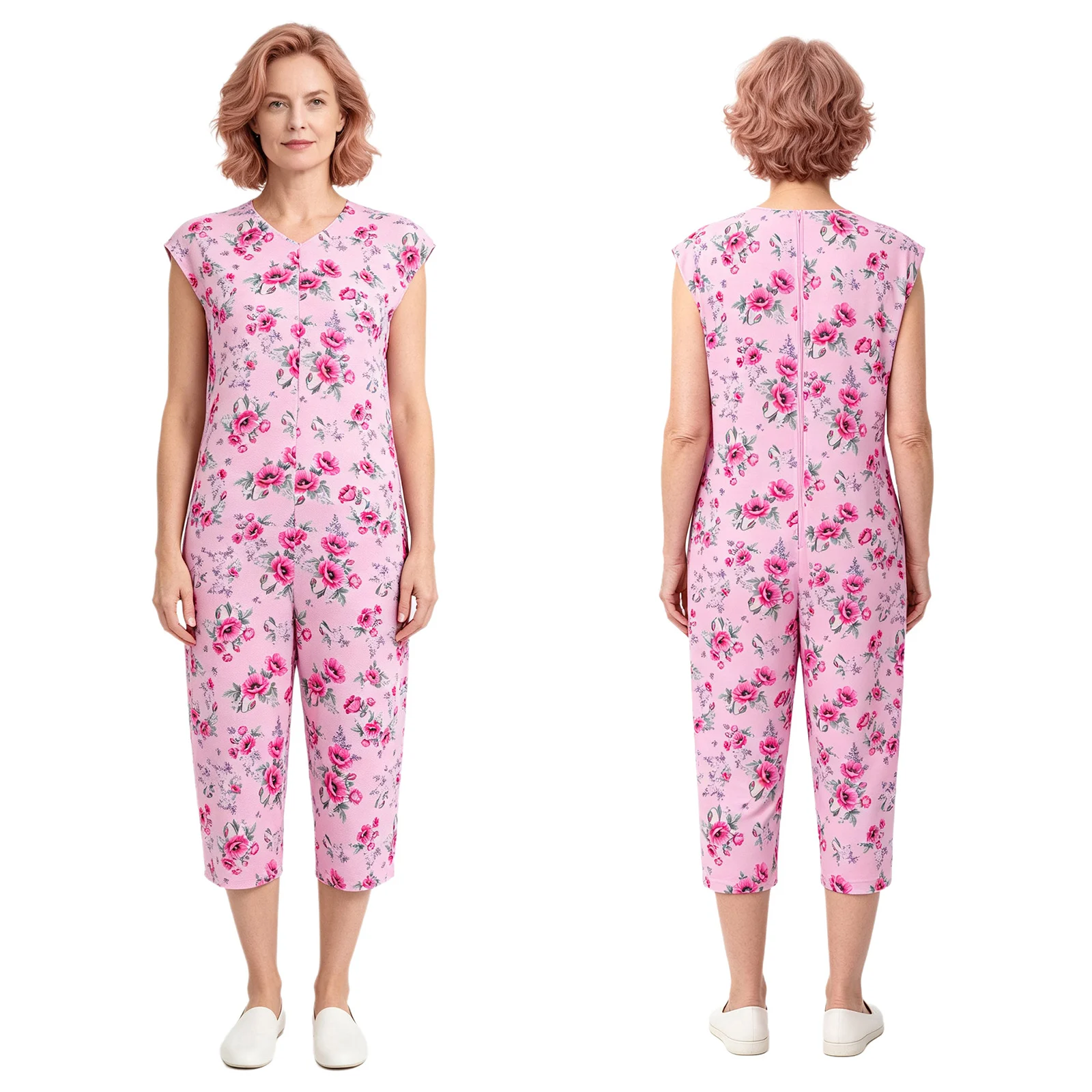 Women Elderly Alzheimer Adaptive Jumpsuit Pyjamas Back Anti-strip Print Rompers Dementia Disabilities Special Needs Clothing