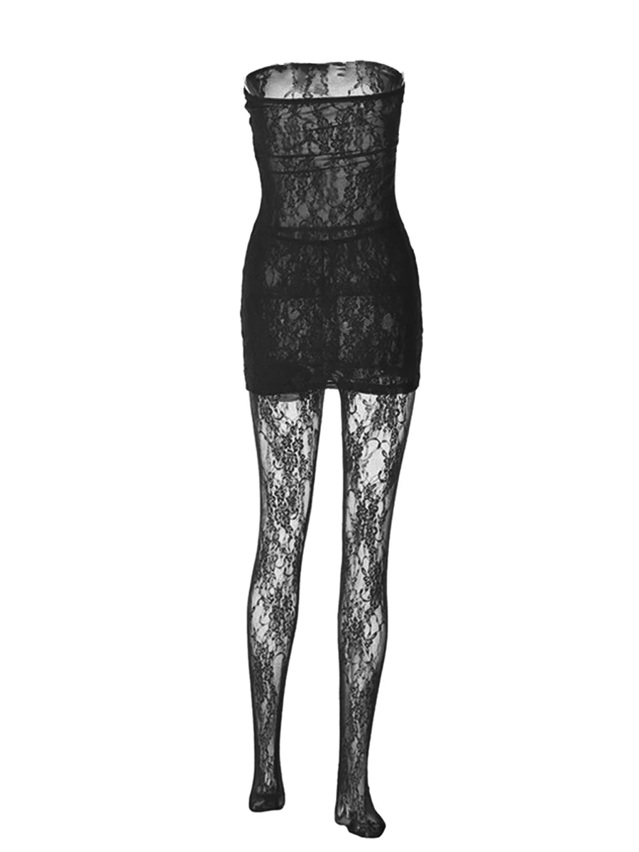 

Elegant Floral Lace Off-Shoulder Romper Dress with Sheer Overlay and Bodycon Fit for Summer Clubwear Style
