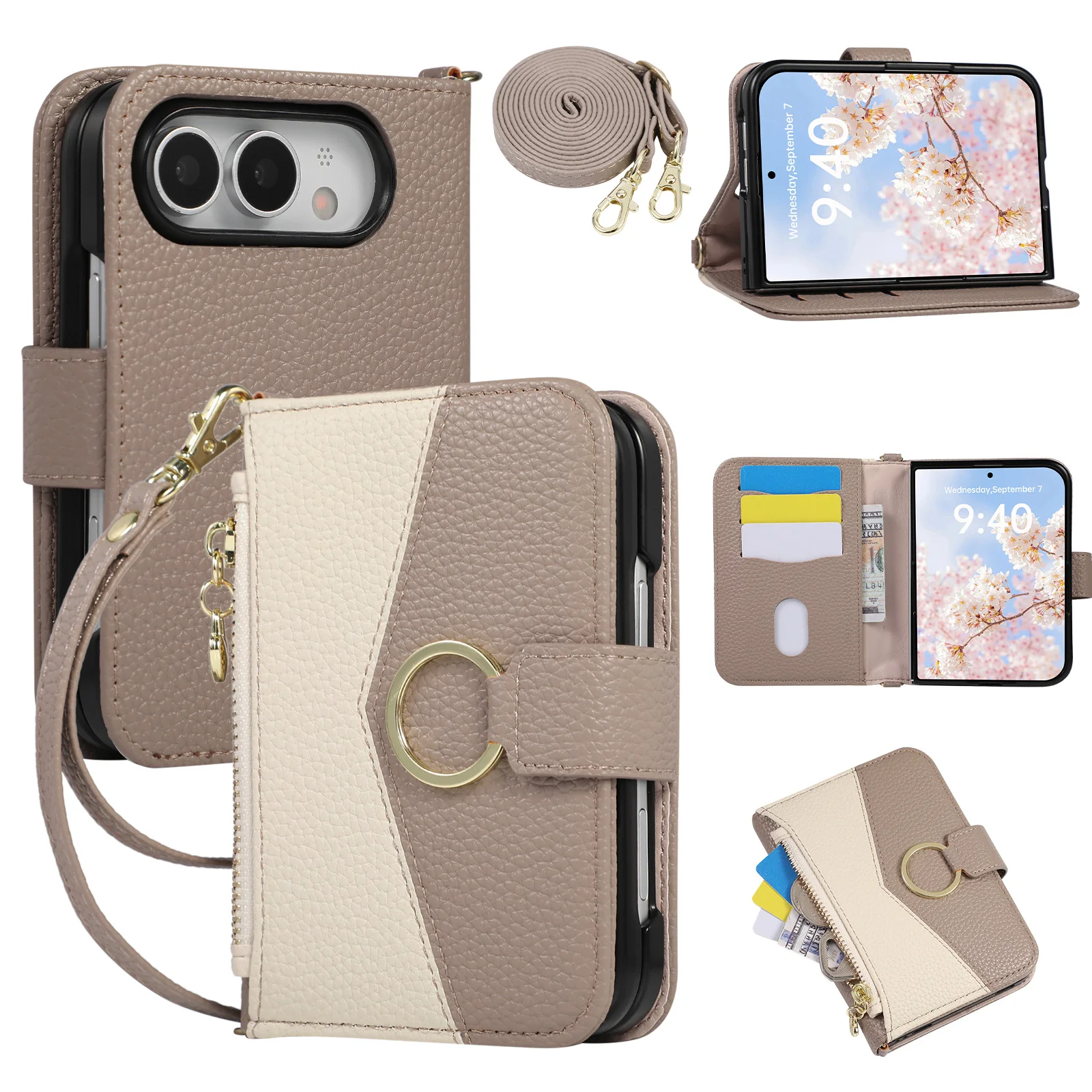 Crossbody-Geldbörse mit Reißverschluss und Kartenhalter, Handyhülle für iPhone Duo 18, faltbarer Handgelenkriemen, Flip-Lederhülle, stoßfest