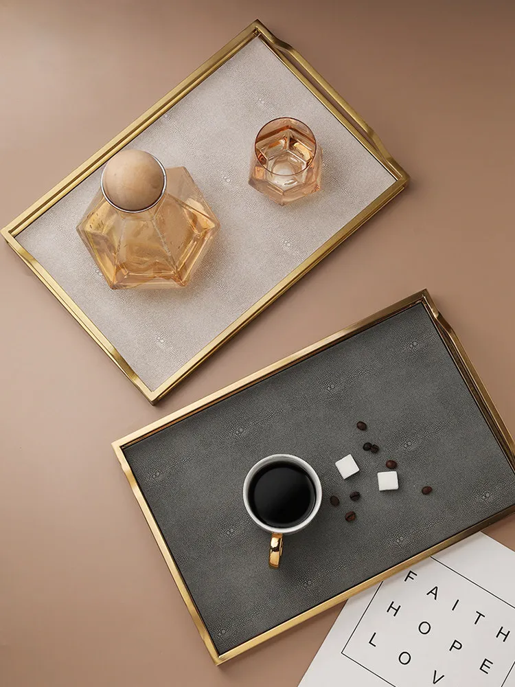 Nordic ins style light luxury gold handle tray high sense household leather metal tea tray creative tea set storage