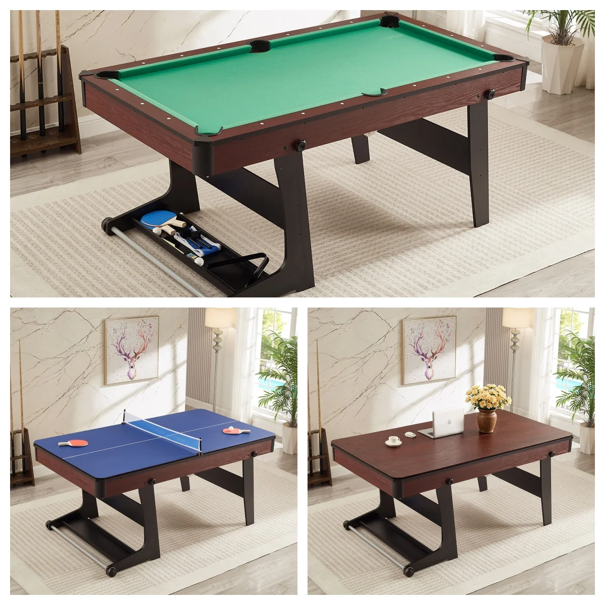 Top Quality 6ft Solid Wood Foldable Pool Table, 3 in 1 Multi-Function, Standing Billiard Table, Portable Design