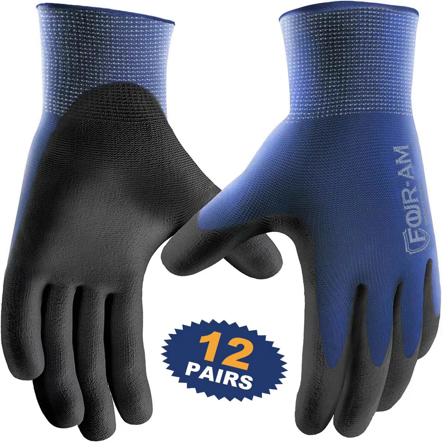 12 pares de guantes de trabajo ultrafinos recubiertos de PU, excelente agarre, guantes de seguridad con revestimiento de poliuretano negro y carcasa de nailon, puño de punto en la muñeca