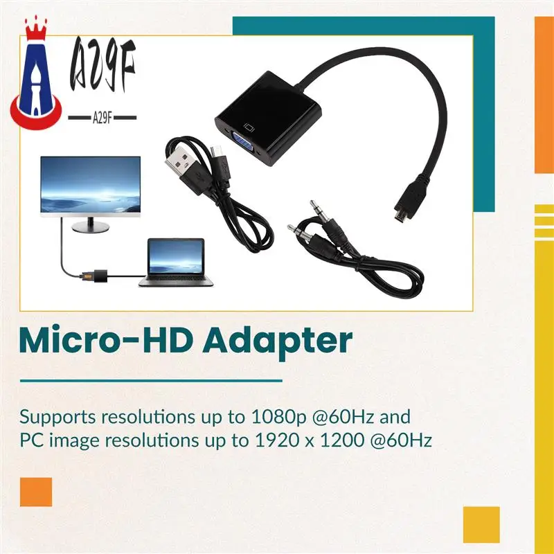 

A29F-Micro- To VGA Adapter Cable 1080P Video Converter With Audio Jack USB Power Cable For Camera Raspberry Pi 4