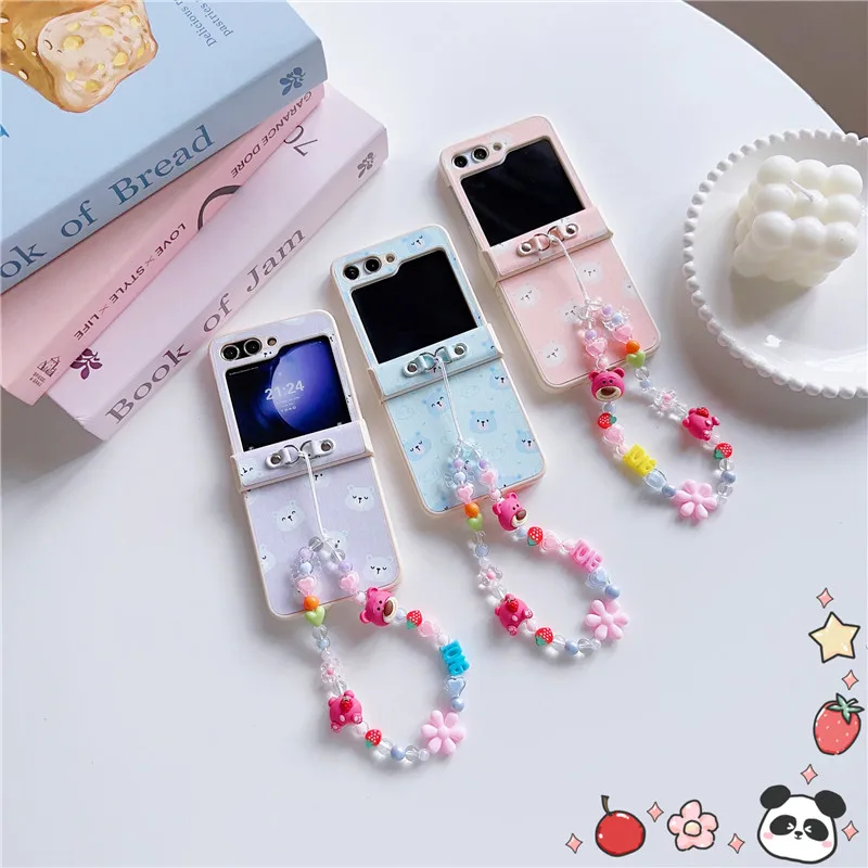 Portable Lanyard Cartoon Bear Phone Case for Samsung Galaxy Z Flip 5 Z Flip 4 5G Z Flip 3 Capa Bracelet Folding Back Cover Funda