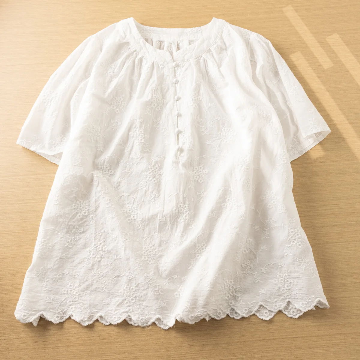 Mori kei clothing 100% cotton embroider shirts and blouses short sleeve short sleeve elegant women's blouses 2024 vintage tops