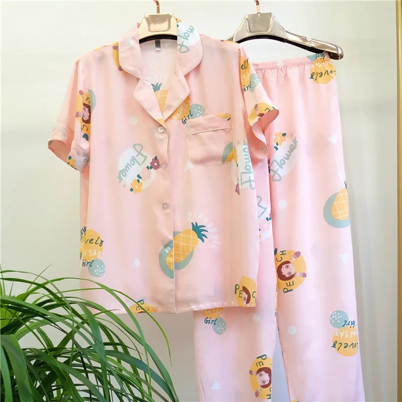 UHYTGF Spring Summer Pajamas Women's Short Sleeve Printed Cotton Silk Thin Home Clothes Sleepwear Female Trousers Nightgown 2502