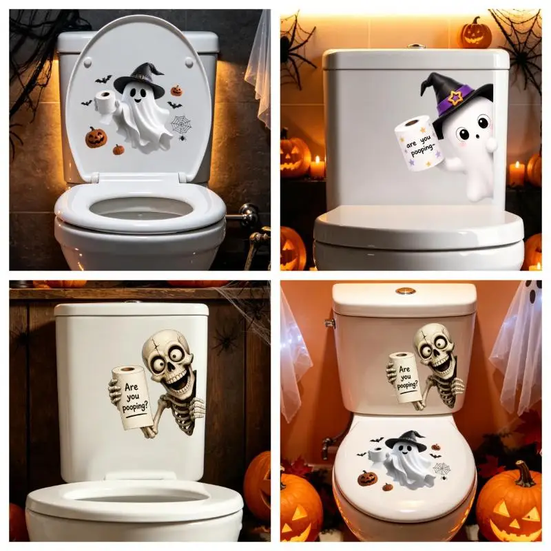 Halloween Toilet Seat Stickers Funny Ghost Skeleton Designs Waterproof Removable For Bathroom Party Home Decoration