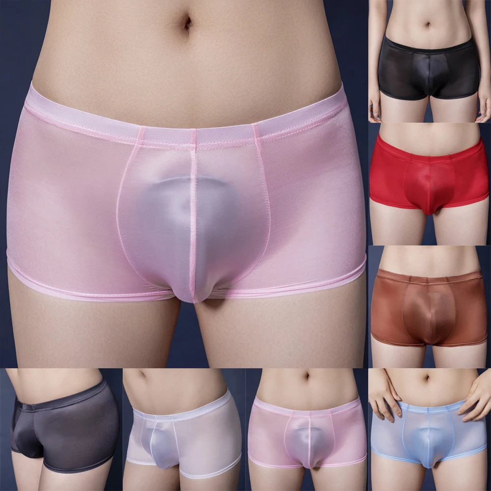 Sexy Women Men See Through Underwear Stretch Oil Shiny Glossy Panties Boxer Shorts Bulge Pouch Underwear Panties Mesh