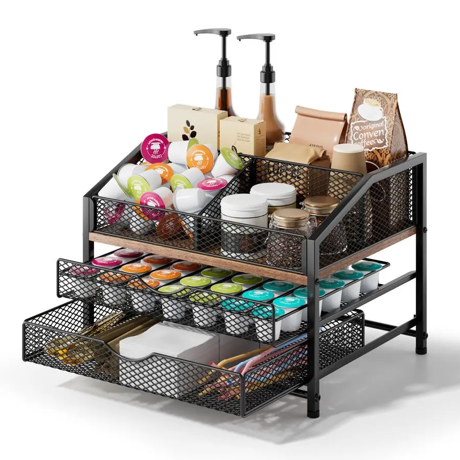 

Bar Organizer for Countertop, Coffee Station Organizer with Removable Dividers, Metal and Wood K Cup Holder Storage Basket for P