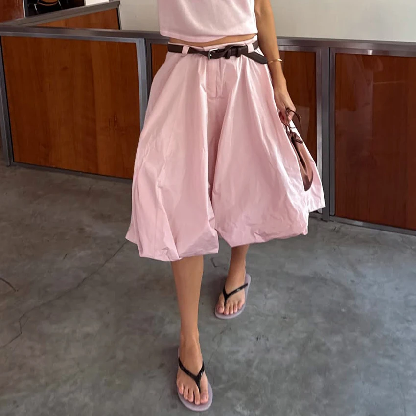 Linad Office Lady Pink Midi Lantern Pants 2026 Street Chic Loose Pleated Pants For Women Casual Zipper Knee Length Trousers Fall