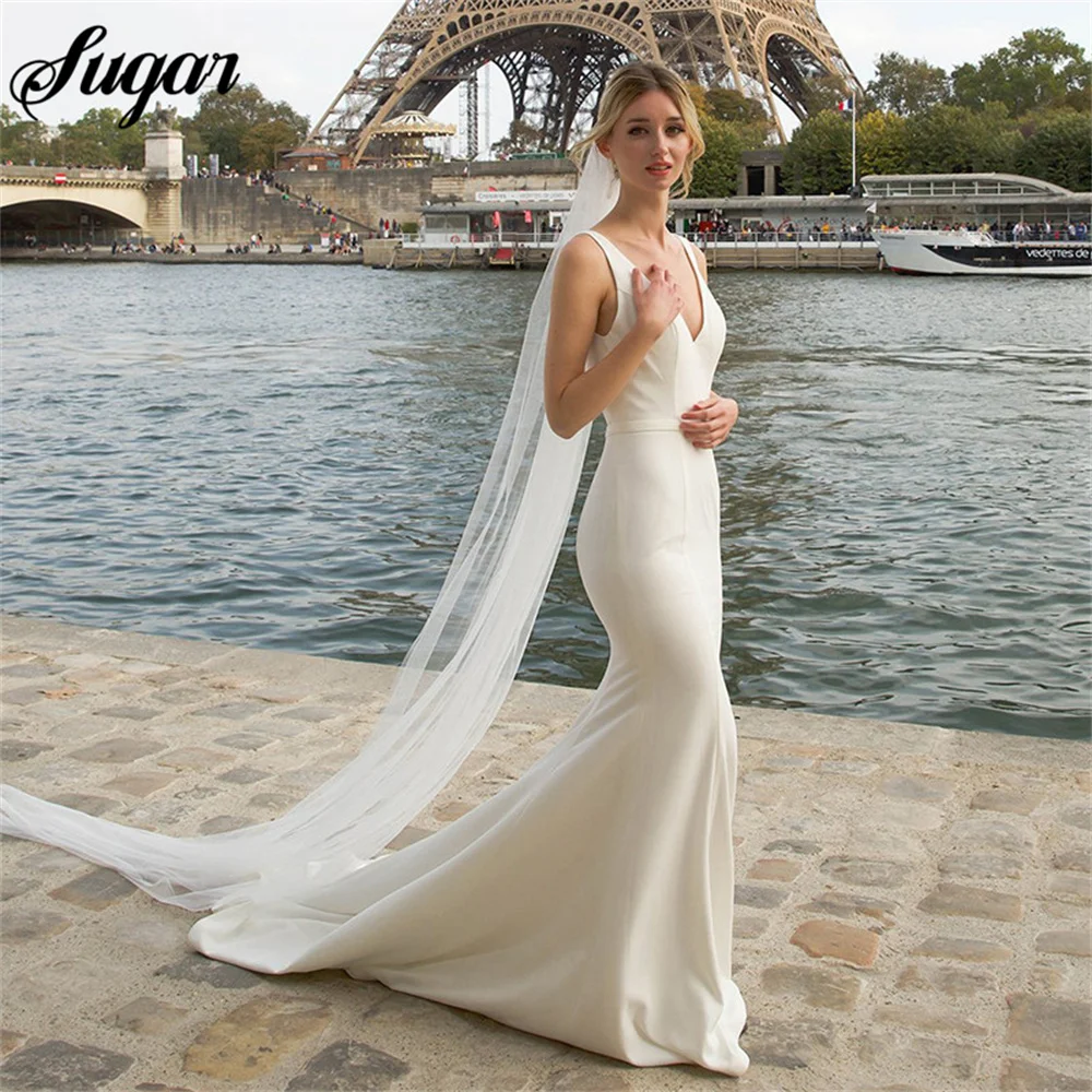 

Simple V-Neck Mermaid Wedding Dress 2023 Backless New Detachable Chiffon Drape Zipper Beach Bridal Gowns vestido novia