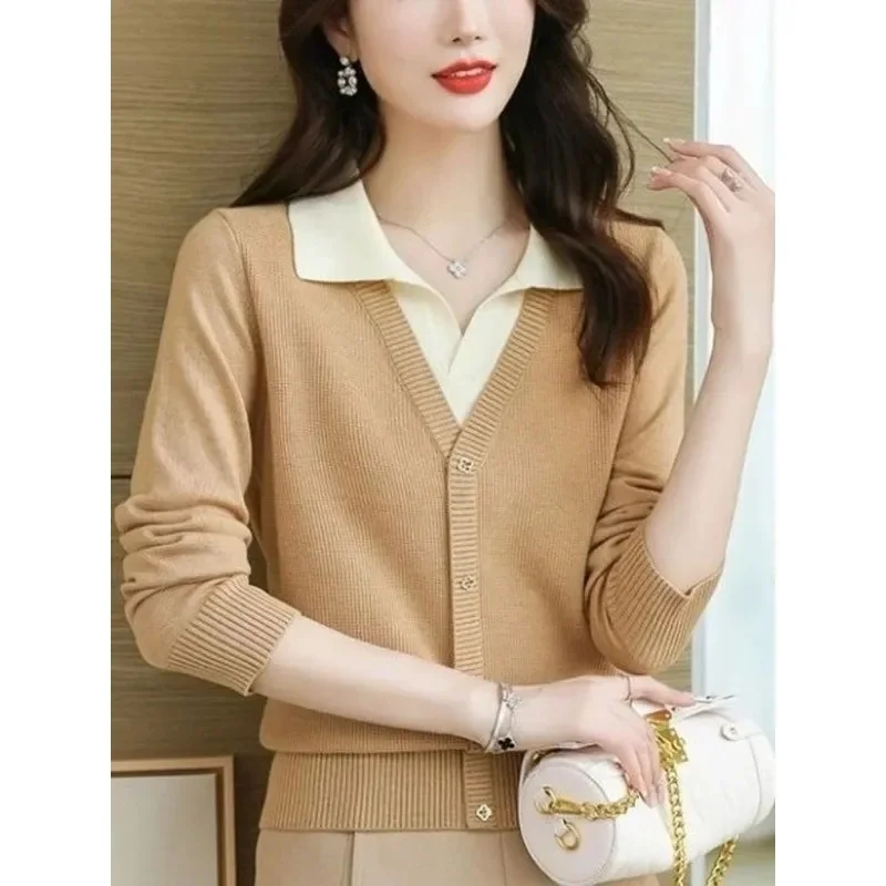 

НОВЫЙ весенне-осенний искусственный вязаный свитер из двух предметов, женский модный тонкий пуловер с длинными рукавами, элегантный свитер с воротником с лацканами, пальто