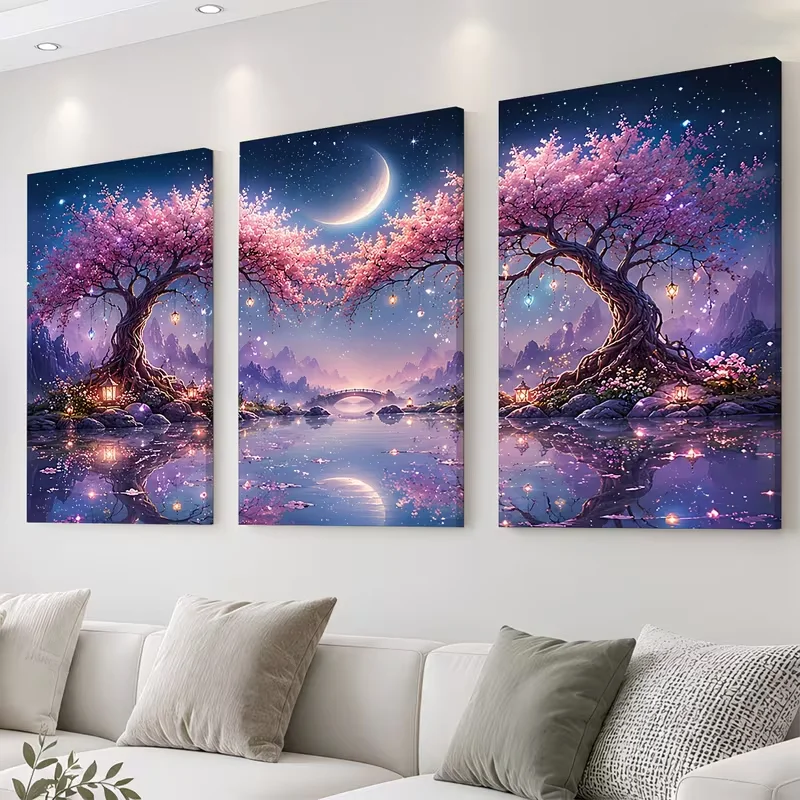 3Pcs DIY Diamond Embroidery Cherry Trees Starry Sky,Night Moon,Lantern Landscape Rhinestones Diamond Painting Mosaic Handicrafts