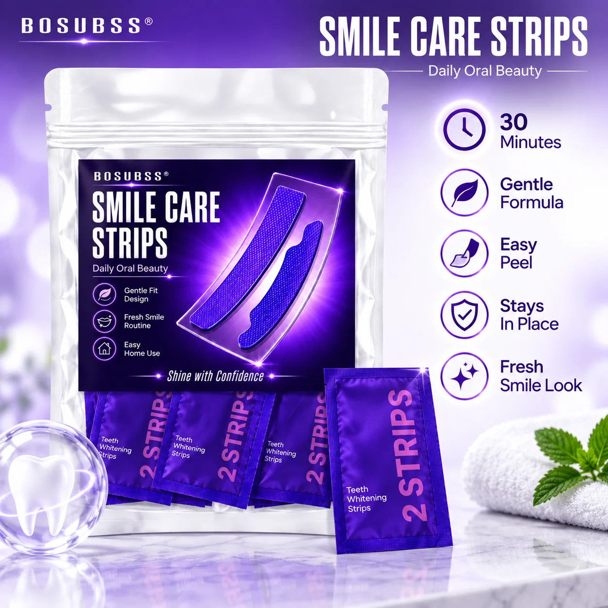 2/6 Pairs Purple Smile Care Strips, Oral Beauty Teeth Stickers, Gentle Fit Easy Home Use Fresh Smile Routine