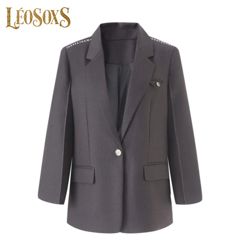 

LEOSOXS Women's Loose Blazer Jacket Fashion Lapel Long Sleeve Single Button Suit Coat With Number Decor For Office Daily Wear