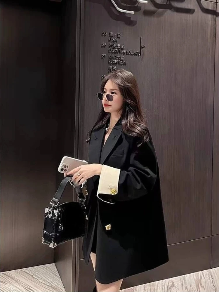 Premium Light Luxury Schwarz Zweireiher Damen Blazer Frühling Herbst Loose Fit Elegante Pendler Mittellange Einzigartige Anzugjacke