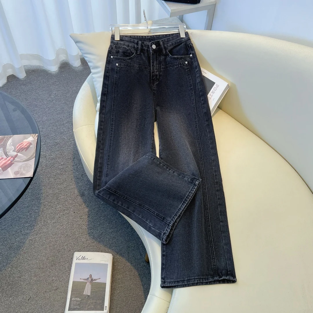 

Womens Y2K Cement Gray Wide Leg Jeans High Waist Straight Denim Trousers Loose Fit Retro Long Length for Women