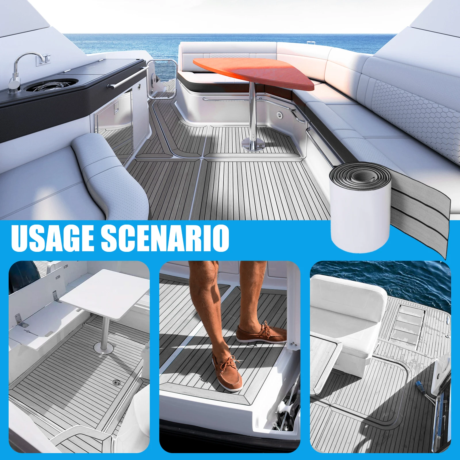 Boat Flooring Sheet 2.4m Self-Adhesive EVA Foam Boat Flooring Non-Slip Carpet for RV Yacht Kayak Sea Deck Faux Teak Marine Mat