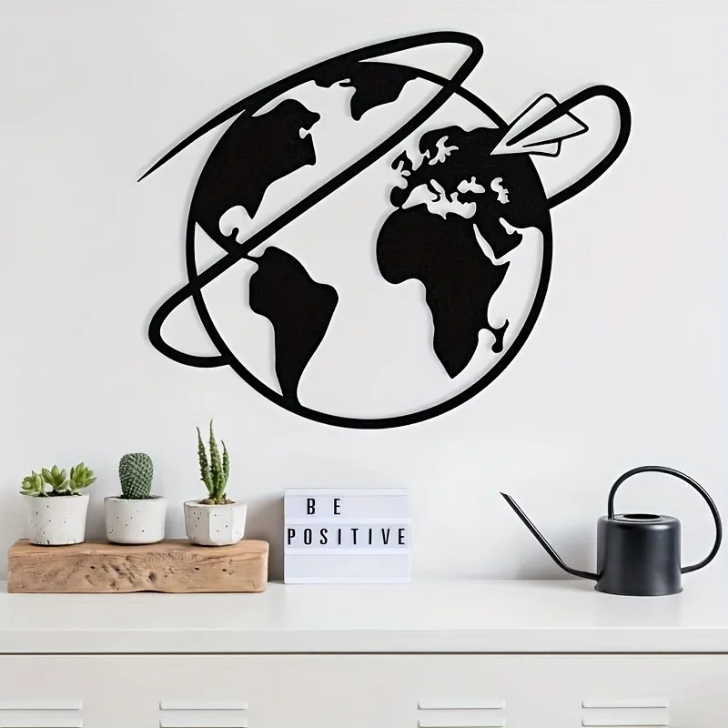 Metal Wall Art World Map Airplane Black White Minimalist Iron Rustic Hanging Travel Decor for Home Office Housewarming Gift