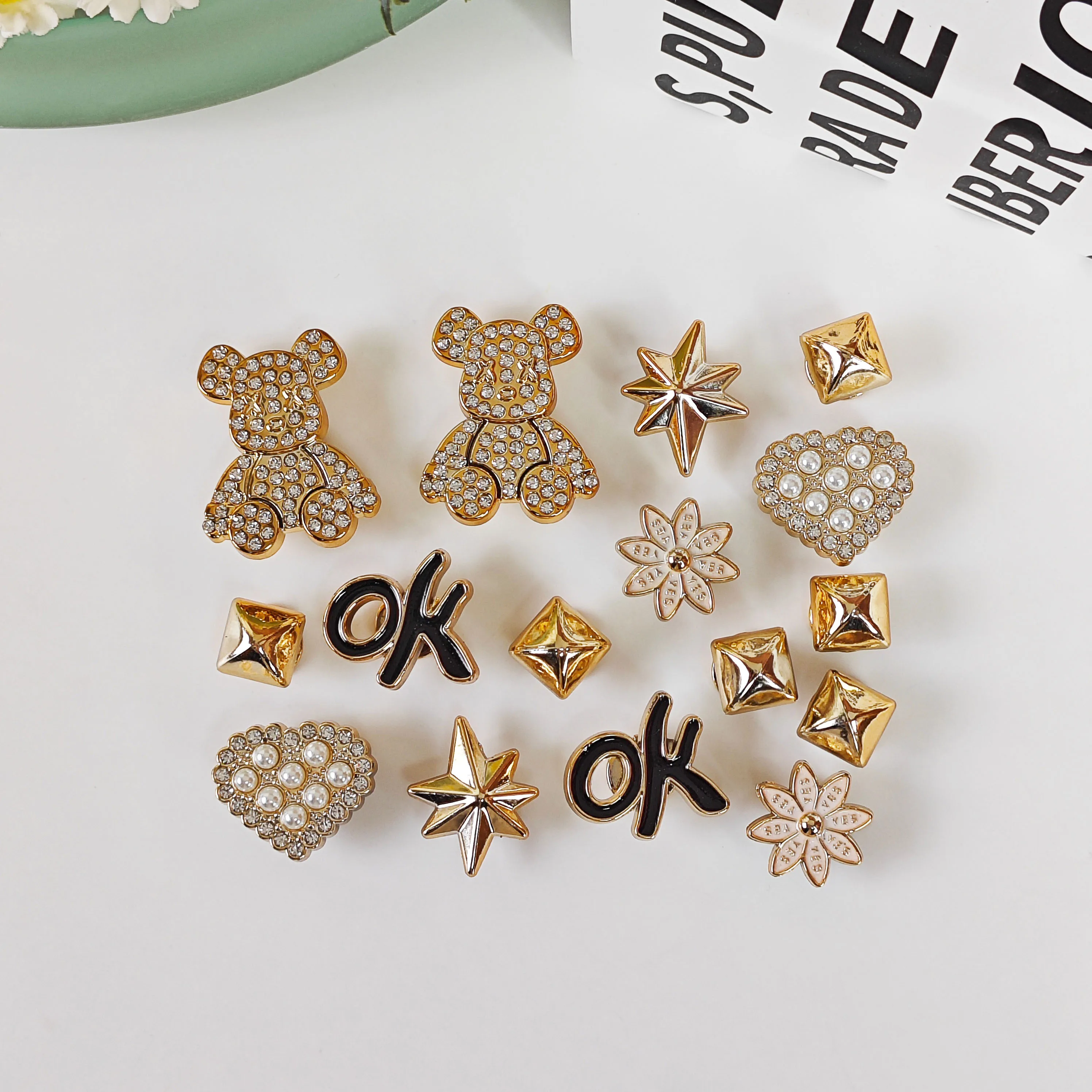 16Pcs DIY Shoe Decoration Charms: Shiny Bears, Pearl Hearts, Letters, Flowers, Geometric Square Decorative Buckles. Non-Metallic Lightweight Material. Y2K Fashion Versatile Cute Personality Accessories for Men and Women. Suitable for Eva Beach Shoes, Sandals, Removable Shoe Decorations, Holiday Gifts