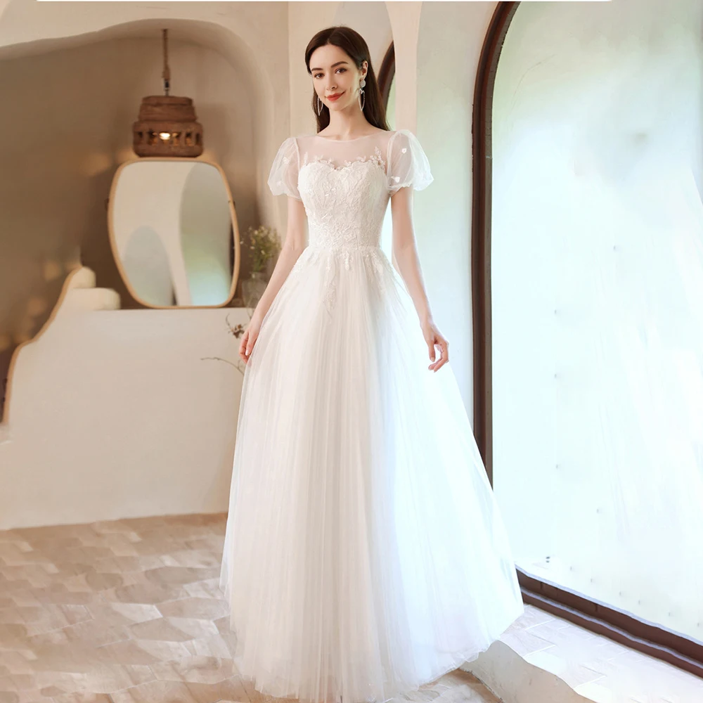 

White Light Wedding Dress for Women Light Luxury Applique Bubble Sleeves Evening Dresses 2026 New Temperament Performance Gowns