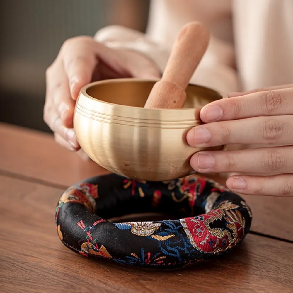 Nepalese Dragon Design Singing Bowl Mat Donut Shape Brocade Sound Copper Out Mat Traditional Non Slip Wooden Fish Coaster
