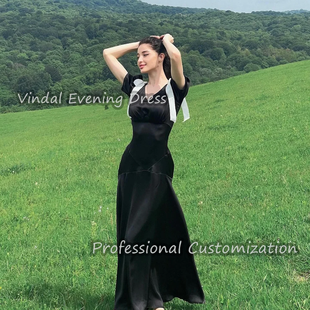 

Vindal Prom Dress V-Neck Ruffle Sexy Floor Length luxurious Built-in Bra Satin A-Line Elegant Short Sleeves Saudi For Woman 2024