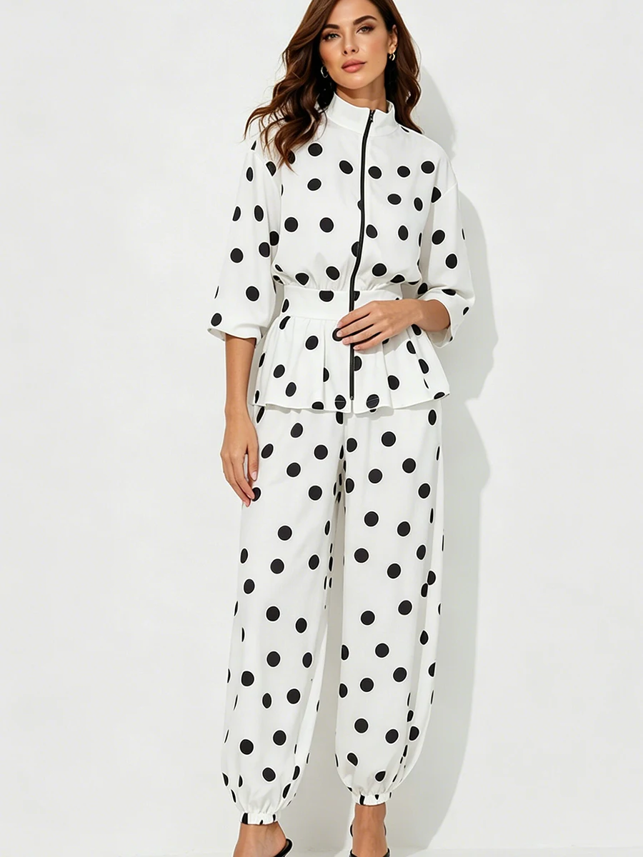 LIMO White Polka Dot Zip Peplum Top Jogger Pants Two Piece Women Summer Casual Stand Collar Matching Set