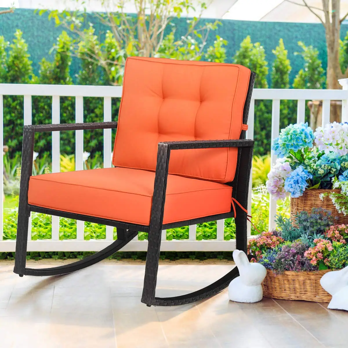 Wicker Rocking Chair, Outdoor Rattan Rocker Chair with Heavy-Duty Steel Frame, Patio Furniture Seat with 5” Thick, Customized