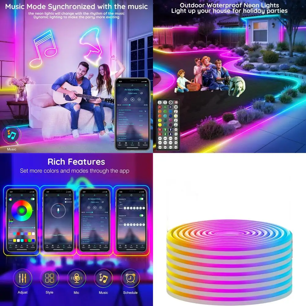 

Светодиодные RGB-ленты с управлением через приложение/пульт, несколько режимов, водонепроницаемость IP65 для использования на улице и в помещении, синхронизация с музыкой для геймеров