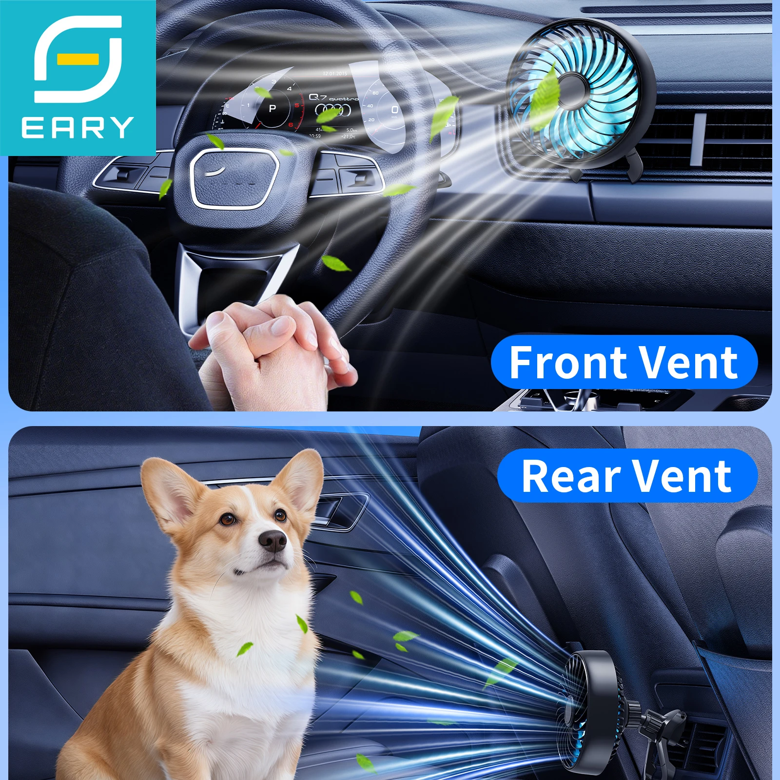 Eary Plug-in USB Car Fan 3 Speed Quiet Air Vent Cooling Fan for Dog Kids 360 Rotate LED Light Front Rear Seat Vehicle Ventilator