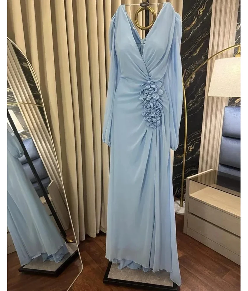 Abito da sera personalizzato con fiori 3D a sirena in chiffon di alta qualità Grazioso maniche lunghe con scollo a V Abiti da celebrità lunghi fino al pavimento