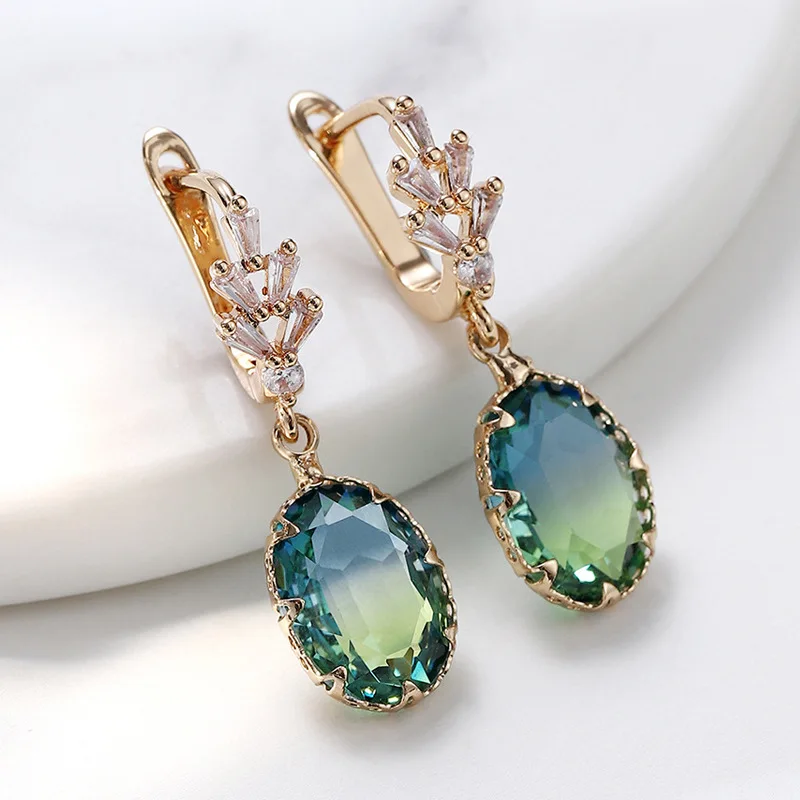 Luxurious Gold Plated Fashion Zircon Tourmaline Drop Earrings Temperament leaf Ear Stud Female Hypoallergenic Ear Buckle Jewelry