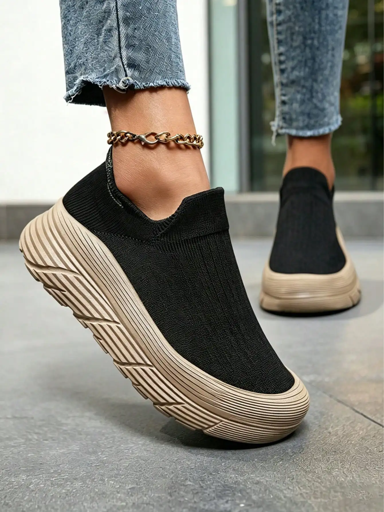 Women's Black Wide Sole Slip-On Sneakers, Elastic Knit Upper And Extra Chunky Textured PVC Platform For Maximum Comfort And Height