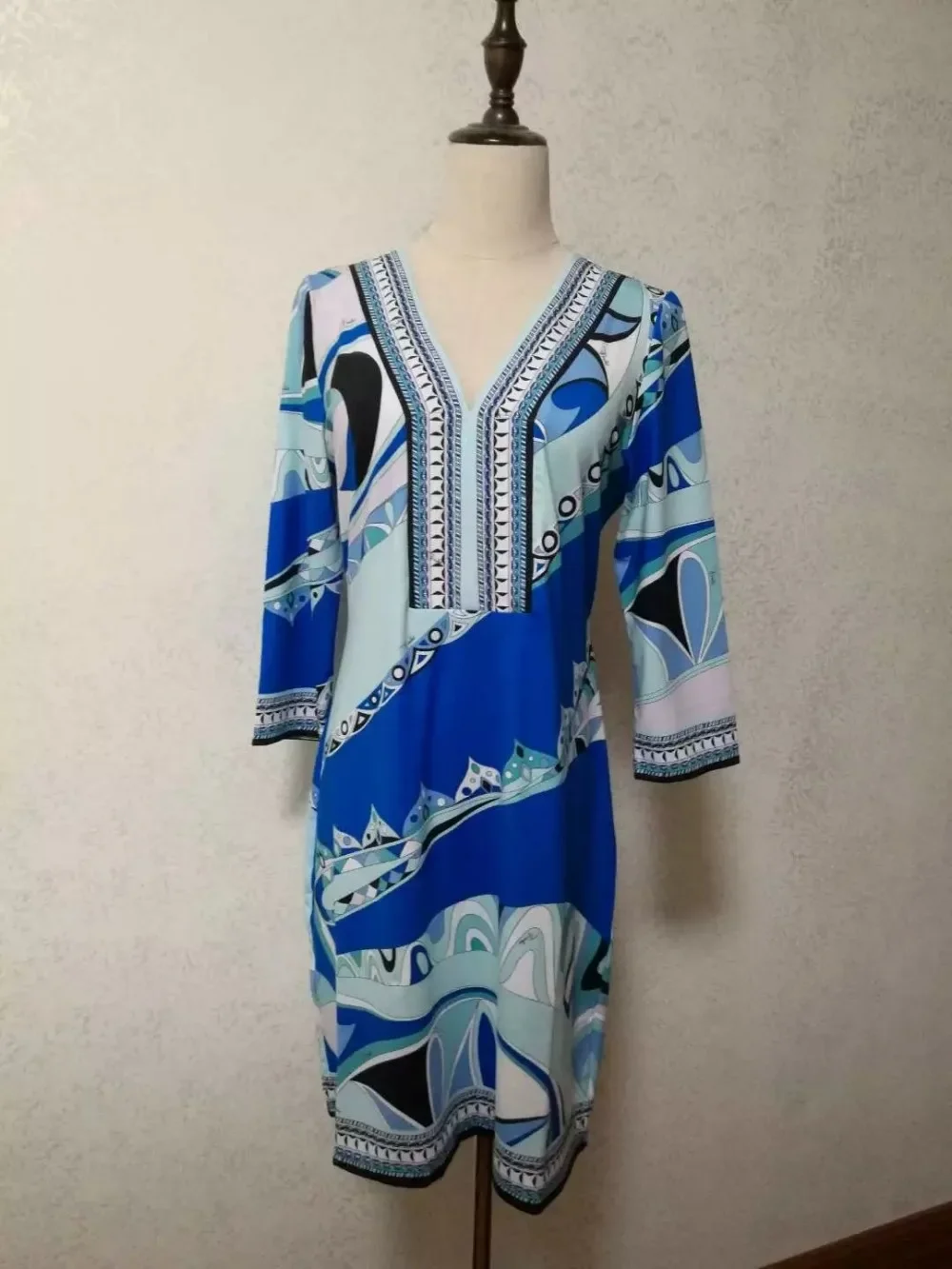 

EFATZP Runway High Street Fashion Women's Long Sleeve Blue Print Signature Knee Length Day dress Jersey Silk Tunic Dress