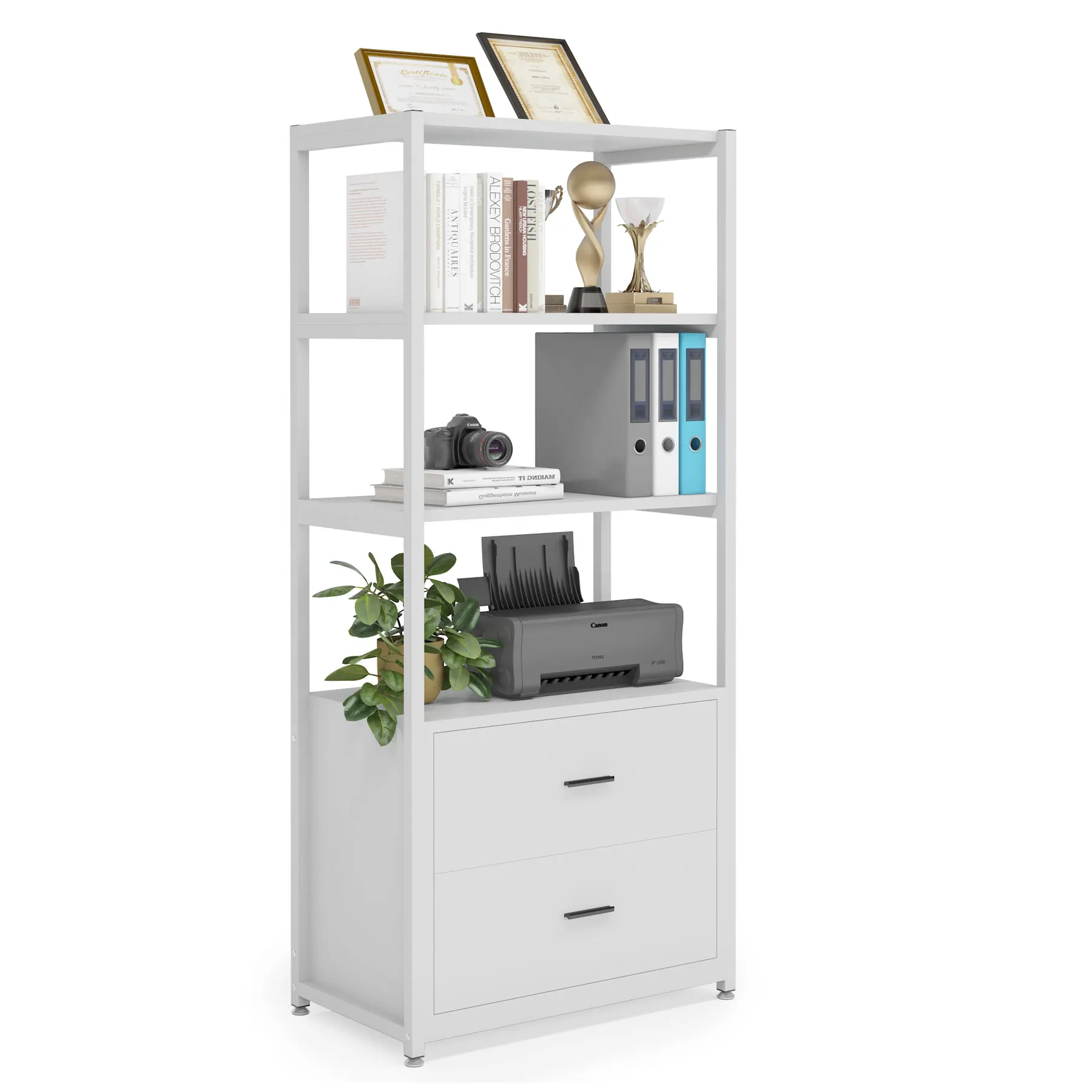 

For Tribesigns White 4-Tier Bookshelf with 2 Large Storage Drawers Industrial Kids Bookcase for School Home Office Kitchen Use