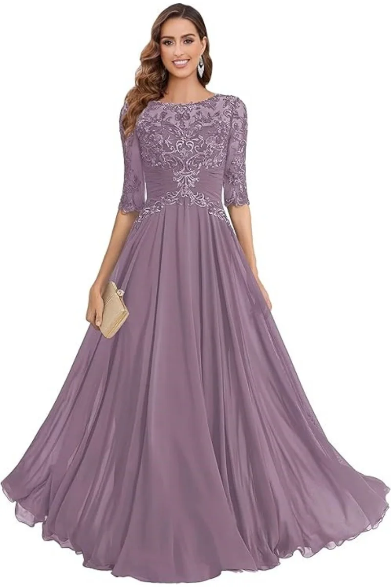 Abito per la madre della sposa girocollo in pizzo con maniche A Line Abiti lunghi per invitati a un matrimonio in chiffon con applicazioni