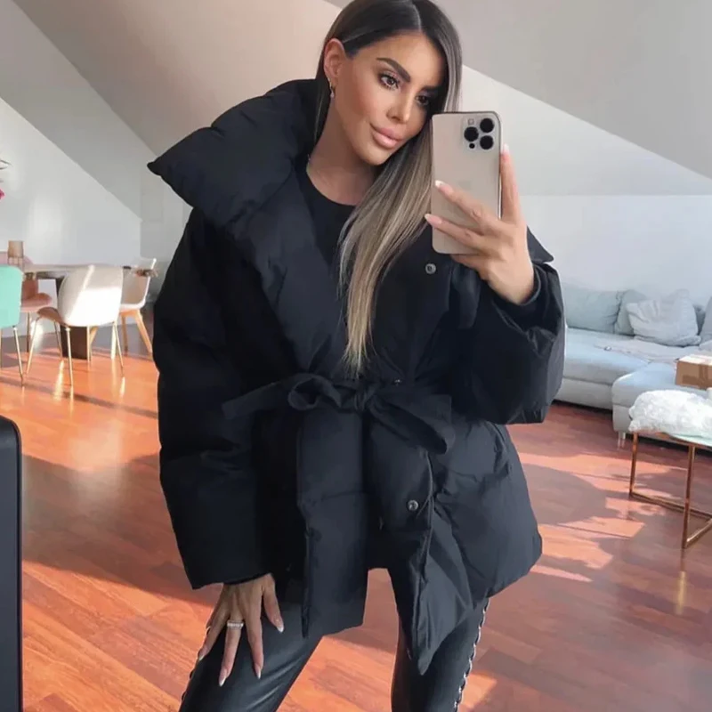 Women Solid Fashion Lapel Tie-up Cotton Coat Long Sleeved Waist Cinched Warm Loose Jacket Lady Casual Commute Winter Outwear 22 S657b89f16ebc4102b4e0146111e12d85Y