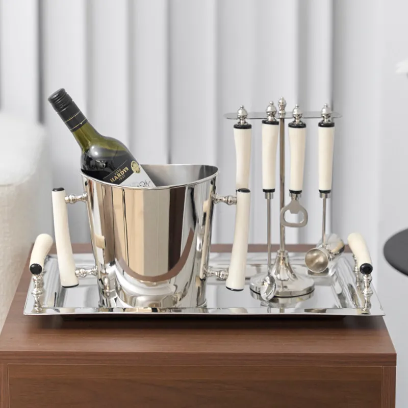 

Indian off-white beef bone handle, stainless steel long tray, wine barrel opener, barware set, table ornament