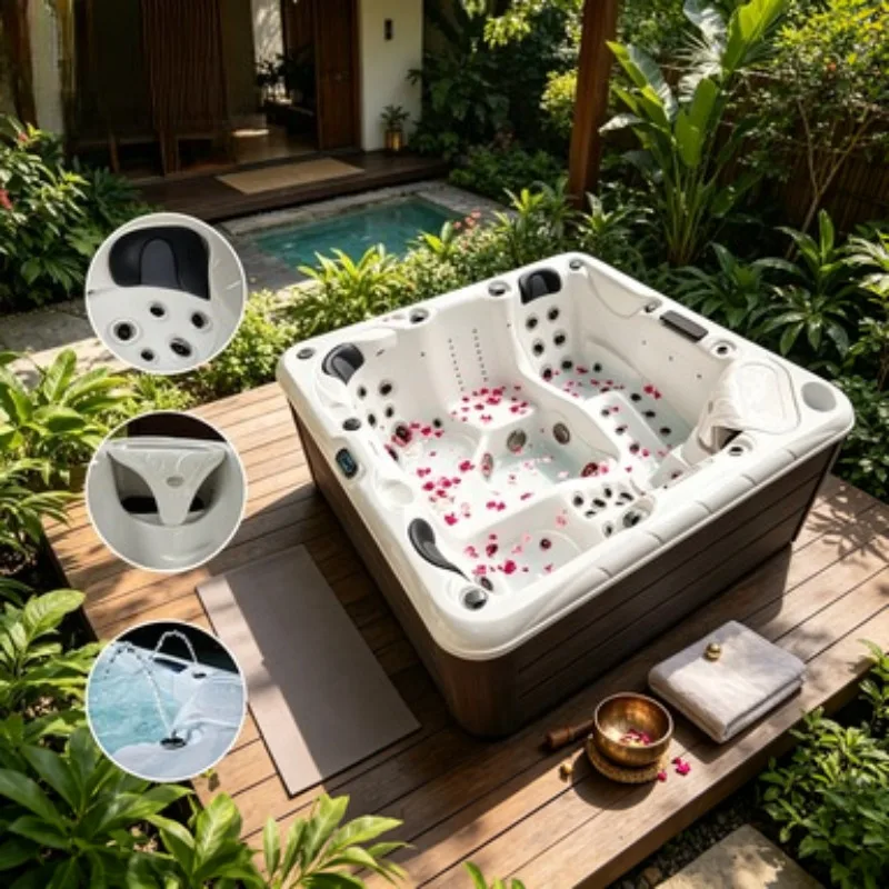 Hot Tub Bathtub Whirlpool Spa Jacuzzi Massage Acrylic Outdoor 4 Person 27 Jets Gecko Control System Waterfall LED Lights