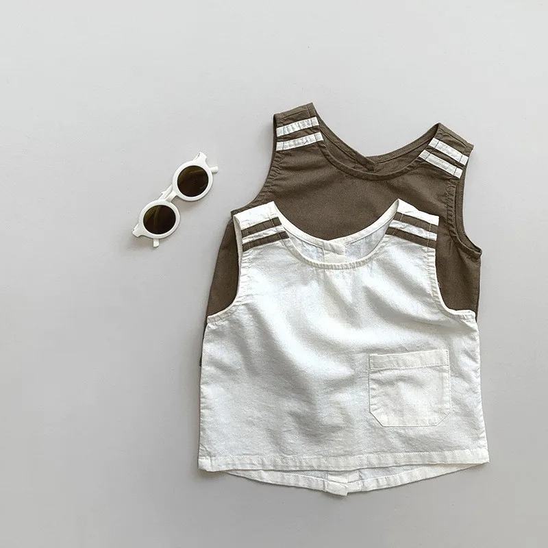 

2024 Summer New Children Vest Boys Sleeveless Casual Jacket Girls Solid Vintage Versatile Vest Kids Flax Single Breasted Tops