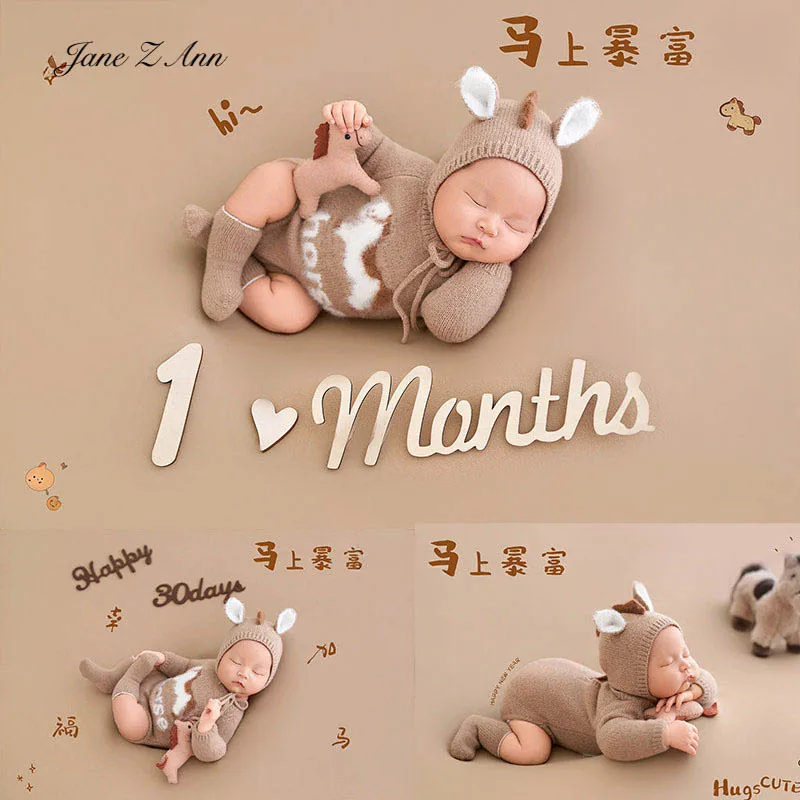 

Костюм для фотосессии новорожденных на 2026 год (Год Лошади): шапочка-пони цвета хаки + комбинезон + носки, для детской студийной фотосессии