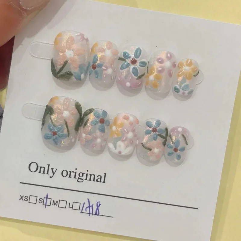 

10Pcs Handmade Short Square Spring Nails Vibrant Hand-Painted Floral Design False Nails for Women&Girls Daily Wear Nail Art Tips