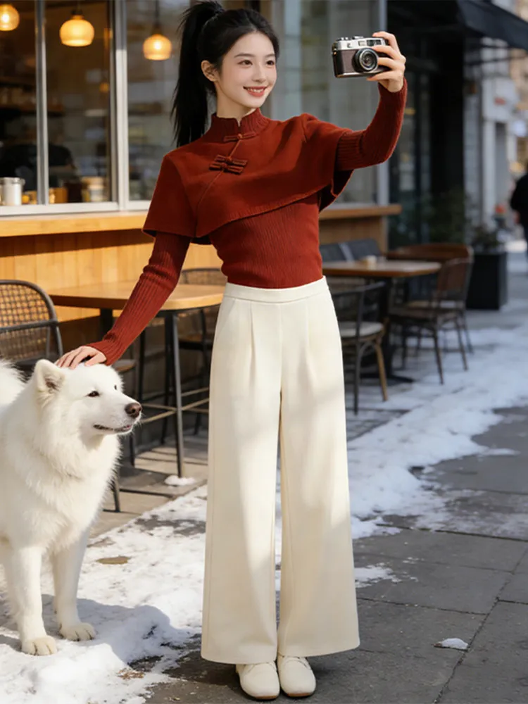

Red Chinese Sle Knitted Sweater with Button Stand Collar Slim Fit High Waist Wide Leg Pants Two Piece Set for Women Winter ...
