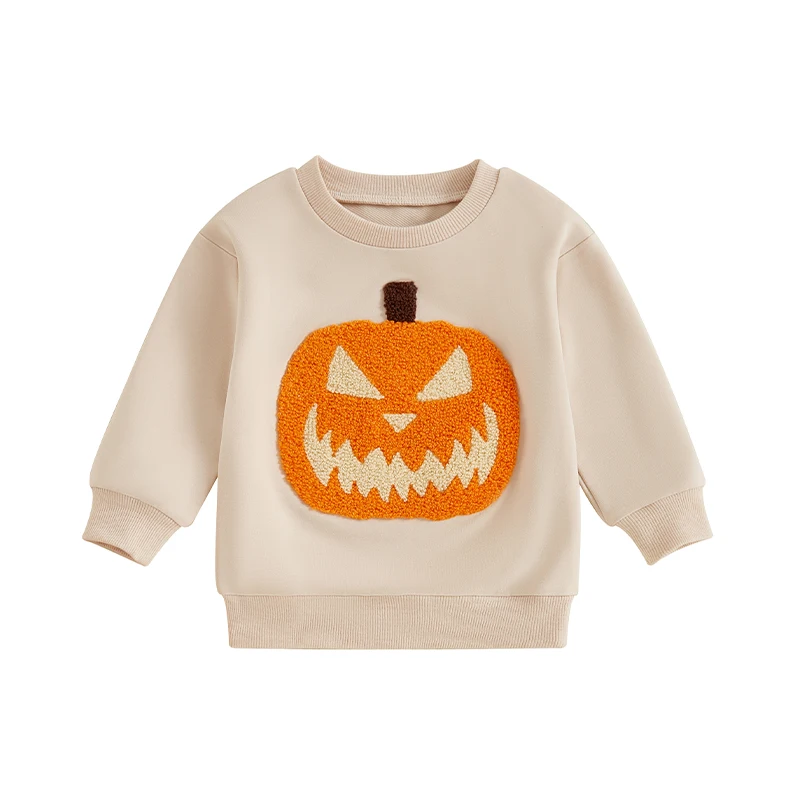 

Little Boy Girl Halloween Sweatshirt Pumpkin Embroidery Crew Neck Long Sleeve Pullover Tops for Fall