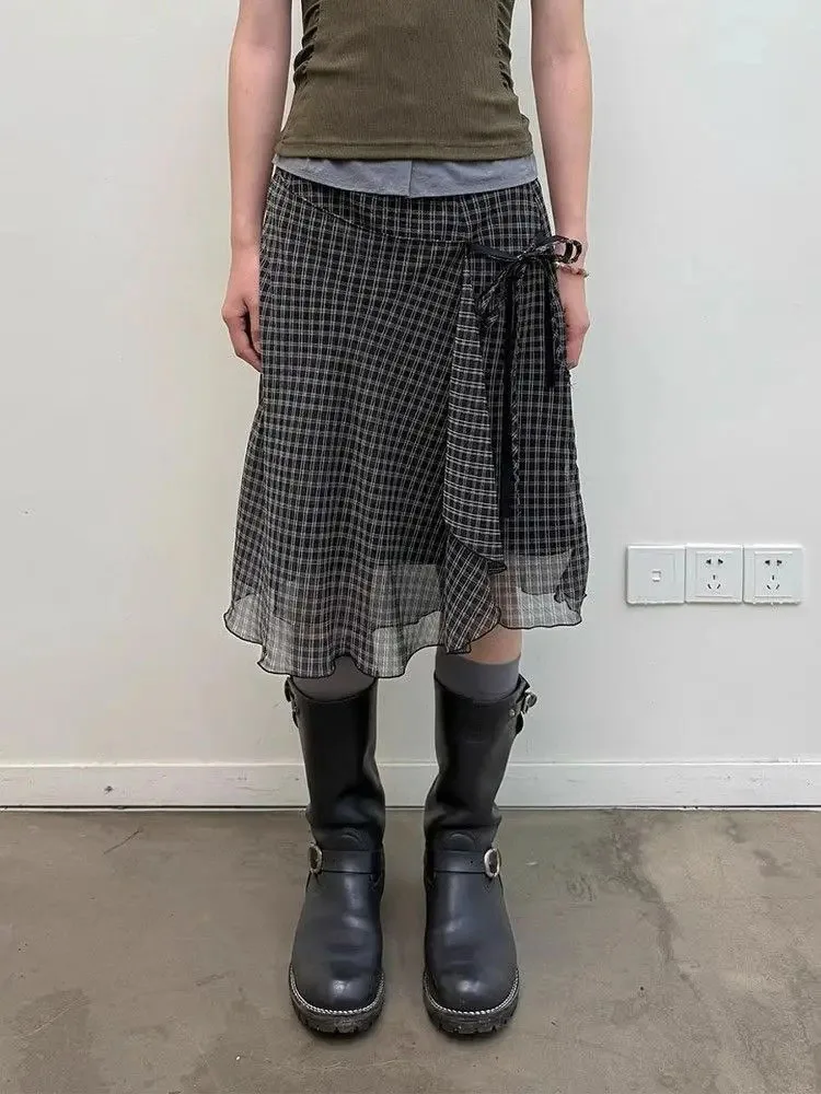 New Plaid Bandage Irregular Skirt Women Spring Summer High Waist A-line Mid Length Skirts Retro Y2k Spicy Girl Faldas