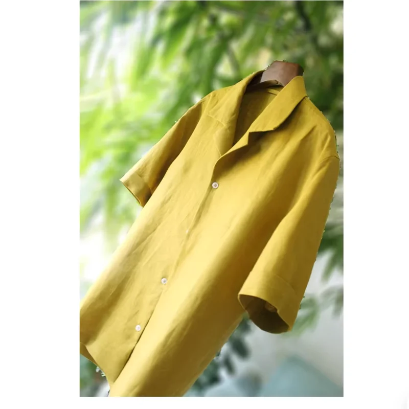 All Linen Men's Short Sleeved Shirt American Retro Casual Loose Cuban Collar Shirt