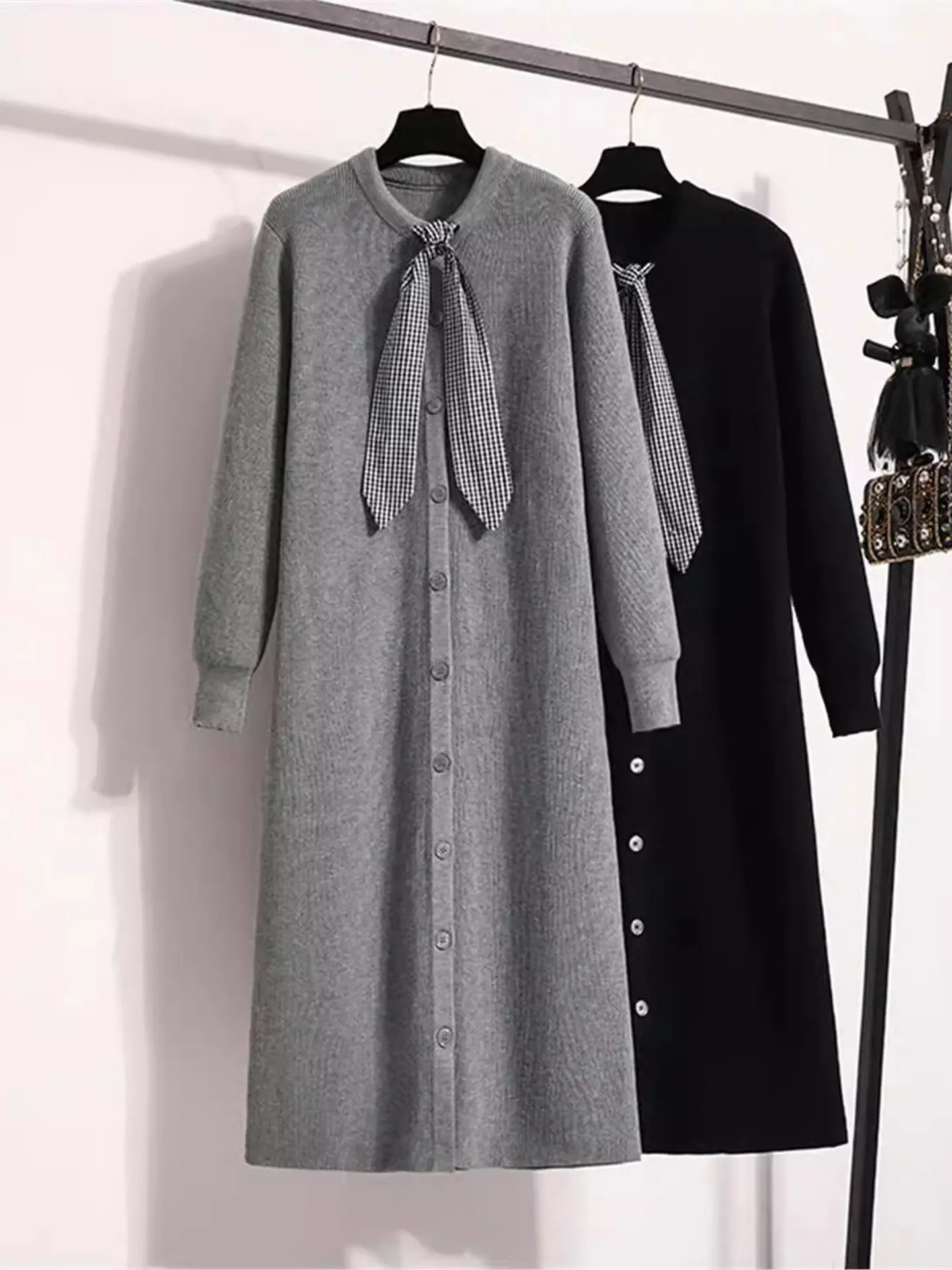 

Уникальный клетчатый воротник, длинный свек, вязаный Dr, большой размер, женский свободный свитер средней длины, юбка, повседневная зимняя мода