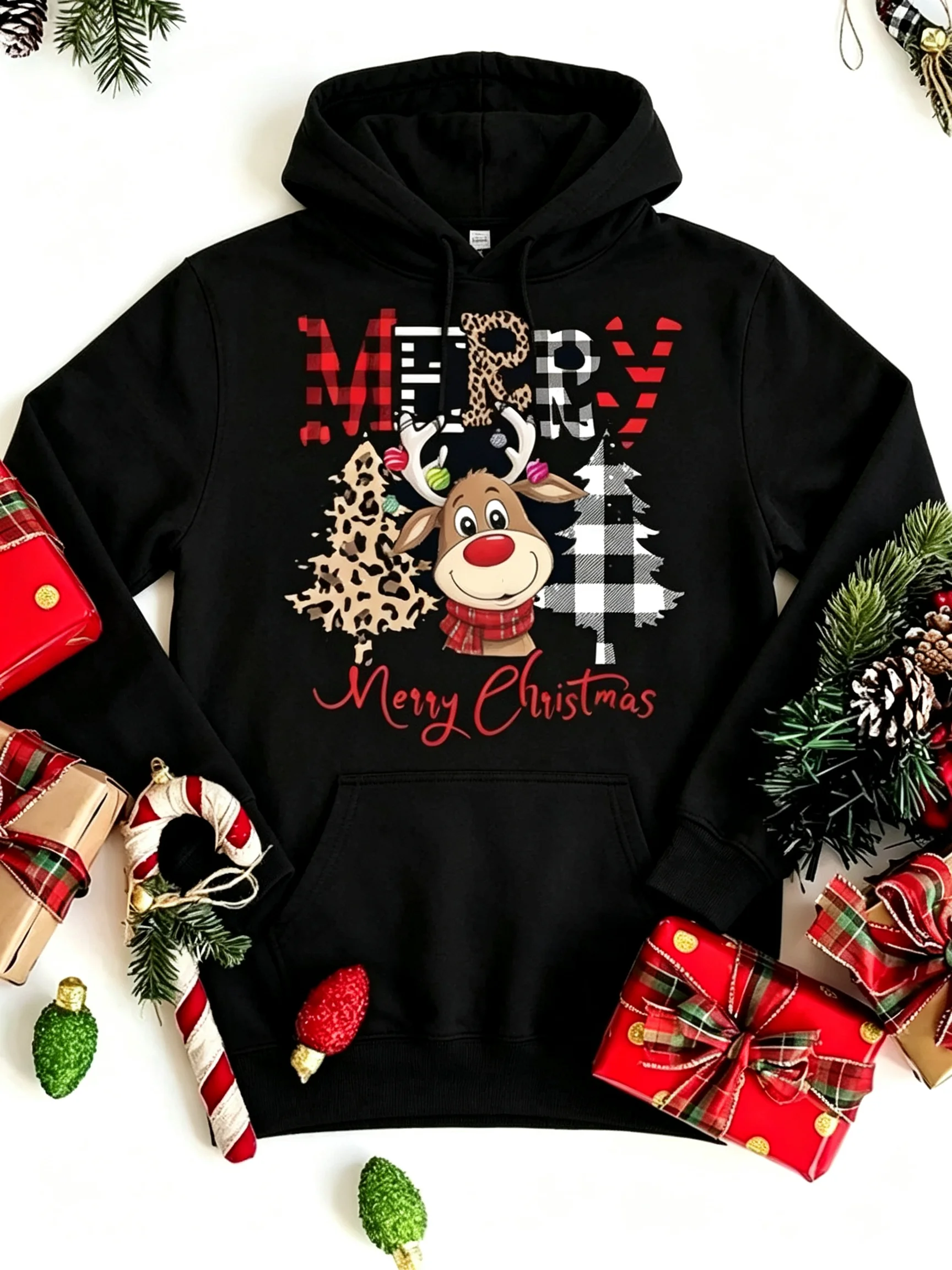 Casual women's Christmas sweatshirt stylish and cute featuring a print of a deer and leopard on Christmas tree a cartoon design