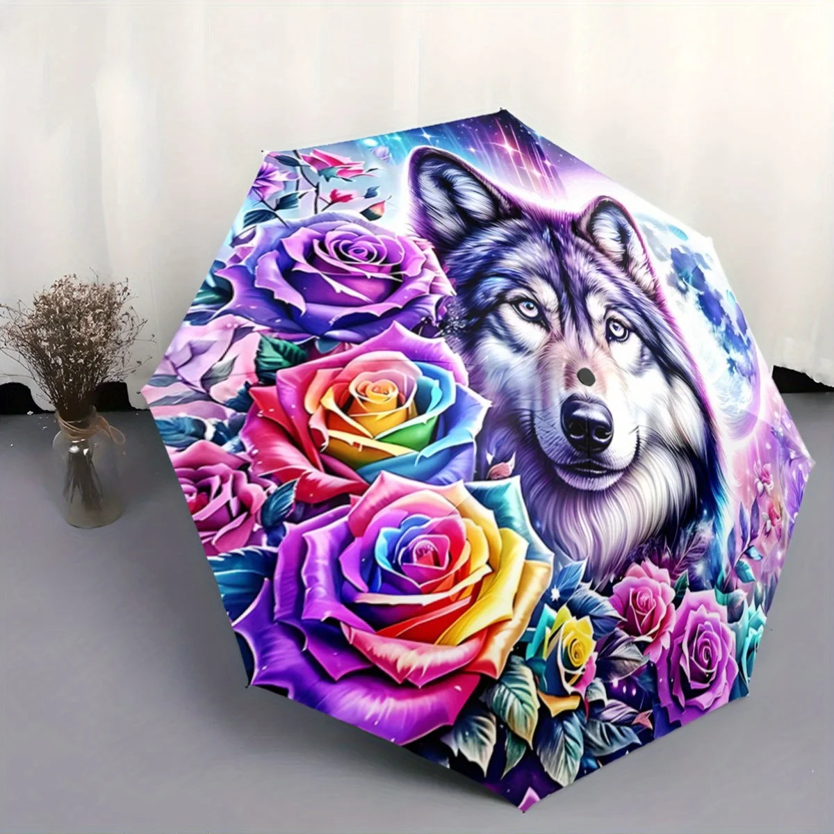 

Automatic Open/Close Umbrella with Wolf & Roses Design - Compact Travel Umbrella, Windproof 8-Rib Shaft, One-Touch Button, Por